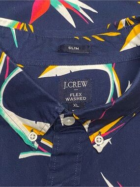 J.Crew Factory Flex Washed Shirt Men XL Navy Gold Slim Fit Birds Of Paradise